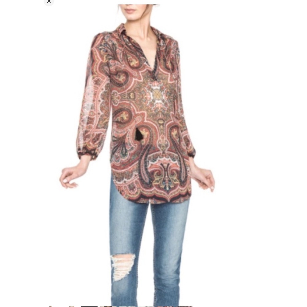 Alice + Olivia Womens Polyester Tunic Medium Brown Sterling Paisley Tassel Top